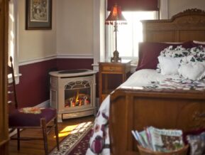 bedroom, bed, fireplace, antique decor
